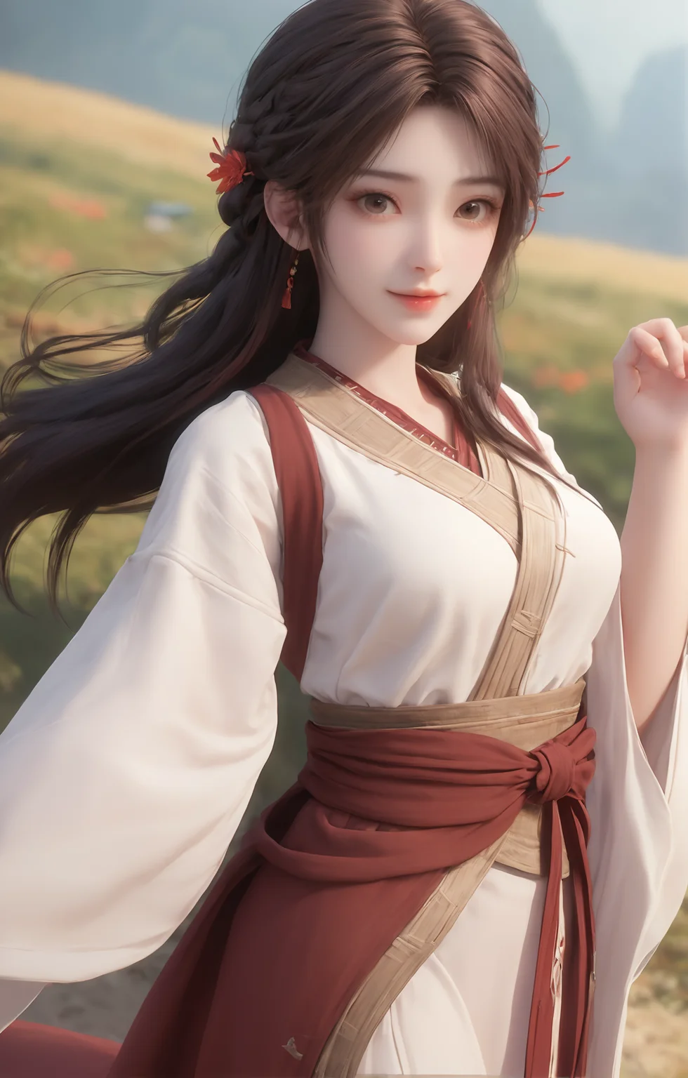 portrait,1girl,solo,brown hair,hair ornament,braid,long hair,wide sleeves,looking at viewer,brown eyes,jewelry,hair flower,long sleeves,sash,dress,mischevious smile,perfect body,scenery,sharp focus,best quality,masterpiece,detailed outfit,illustration,perfect eyes,finely detailed beautiful anime eyes,realistic skin,intricate details,best lighting,depth of field,ultra high resolution,dynamic pose,dynamic angle,<lora:huolinger_V1-000001:1>,