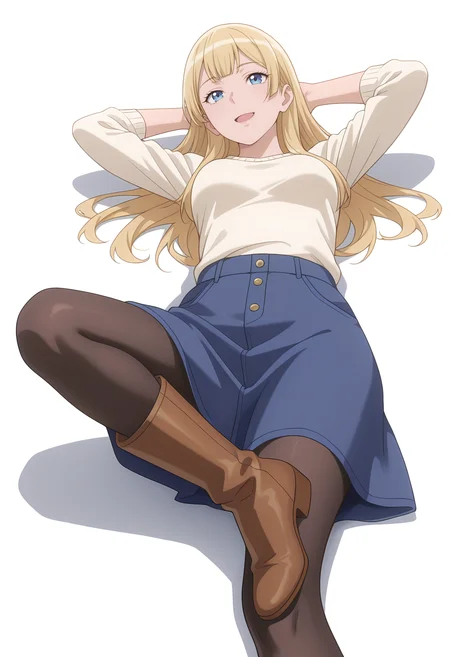 Smooth Quality,masterpiece,very intricate, high quality details, ultra realistic, high detailed skin,
simple background, white background,
dynamic angle,^o^,pointing forward,lying down, hands behind head, one knee bent, relaxed expression, casual vibe,  ,
<lora:Rembrandt_Sifcnn:0.7> RembrandtSif/cnn, 1girl, solo, long hair, blonde hair, blue eyes,
pantyhose, skirt, black pantyhose,boots, uniform,