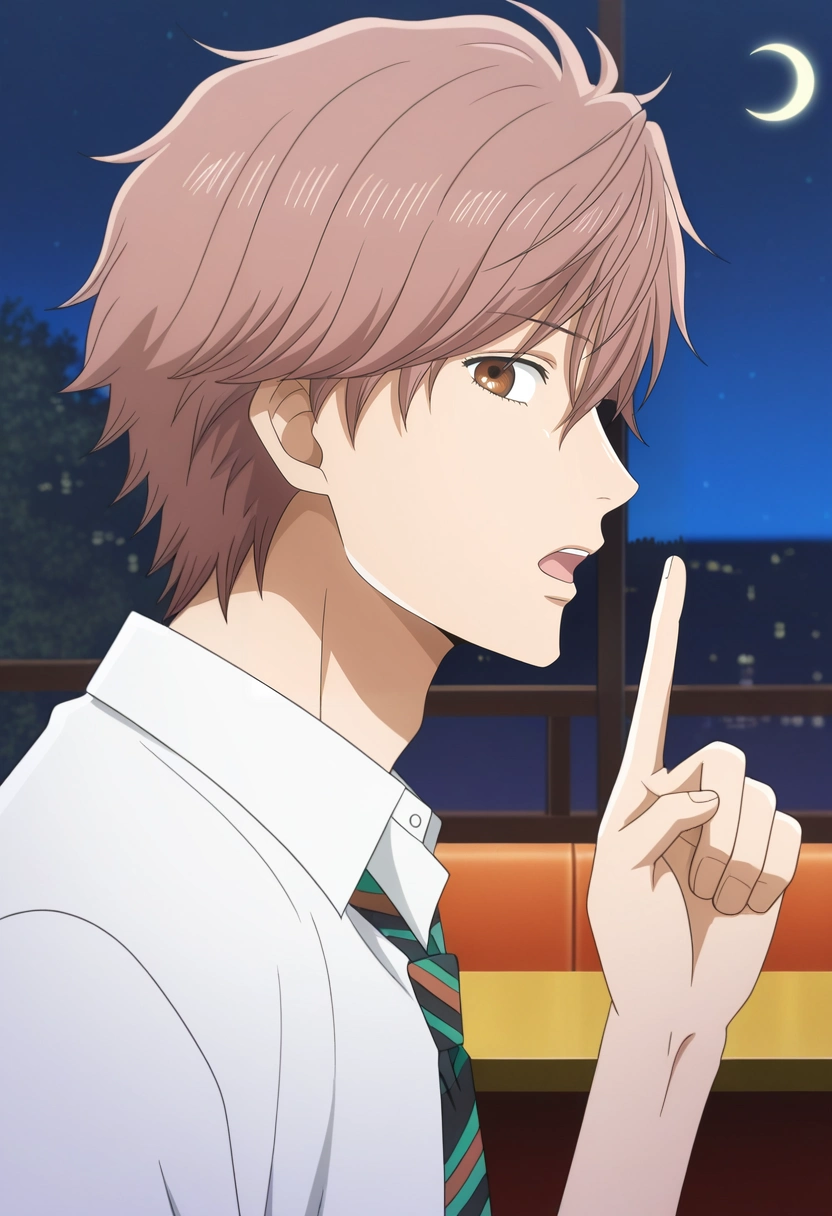 masterpiece, best quality, , anime screencap, , official style, looking at viewer, 1boy, solo, male focus, <lora:taichi_mashima_ilxl:0.92>, taichi_mashima, brown hair, brown eyes, short hair, bangs, hair between eyes, white shirt, collared shirt, striped necktie, profile, restaurant, night, crescent moon, index finger raised, open mouth,