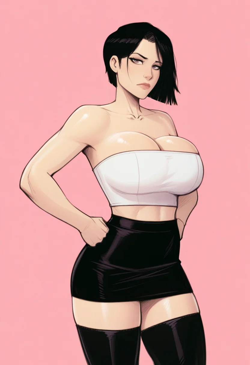 masterpiece, best quality, S4s4k1Nsfw,<lora:NaughtydevilHs:1> mature female, 1girl, solo, standing,hands on own hips, cowboy shot, looking at viewer, black hair, short hair, white crop top, strapless, thighhighs, zettai ryouiki, collarbone, cleavage, black miniskirt, pink background, simple background, portrait,