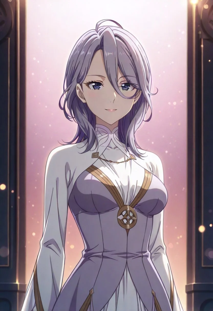 masterpiece, best quality, amazing quality, dynamic view, solo, dynamic view, solo, 1girl, masterpiece, best quality, bokeh, luminescent background,
( hildegardadenauer,,
purple hair, ahoge, medium hair, blunt bangs, hair over shoulder, hair betveen eyes, purple eyes, medium breasts, ,
dress, two-tone dress, purple dress, white dress, long sleeves, white shoes,,
)
portrait, happy