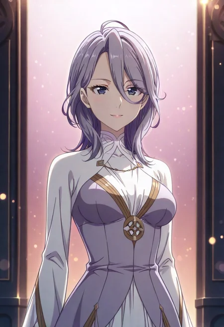 masterpiece, best quality, amazing quality, dynamic view, solo, dynamic view, solo, 1girl, masterpiece, best quality, bokeh, luminescent background,
( hildegardadenauer,,
purple hair, ahoge, medium hair, blunt bangs, hair over shoulder, hair betveen eyes, purple eyes, medium breasts, ,
dress, two-tone dress, purple dress, white dress, long sleeves, white shoes,,
)
portrait, happy