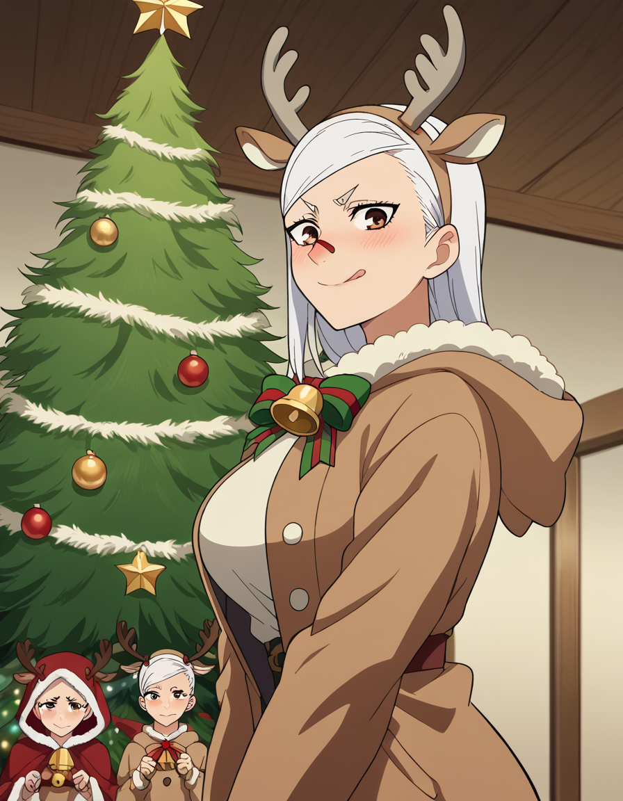 score_9, score_8_up, score_7_up, source_anime, <lora:saeko-ayase-s1-ponyxl-lora-nochekaiser:1>, saeko ayase, long hair, large breasts, white hair, brown eyes, anime screencap,, <lora:reindeer-costume-ponyxl-lora-nochekaiser:1>, reindeer costume, animal costume, reindeer antlers, antlers, fake antlers, reindeer hood, christmas, red nose, deer ears, deer tail, christmas tree, bell, horns, reindeer,, blush, smile, tongue out, looking at viewer,, , dutch angle, cowboy shot