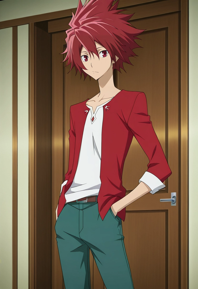 masterpiece, best quality, anime screencap, official style, anime coloring, cowboy shot, 1boy, solo, male focus, <lora:takuto_tsunashi_ilxl:1>, takuto_tsunashi, red hair, red eyes, spiked hair, bangs, ,