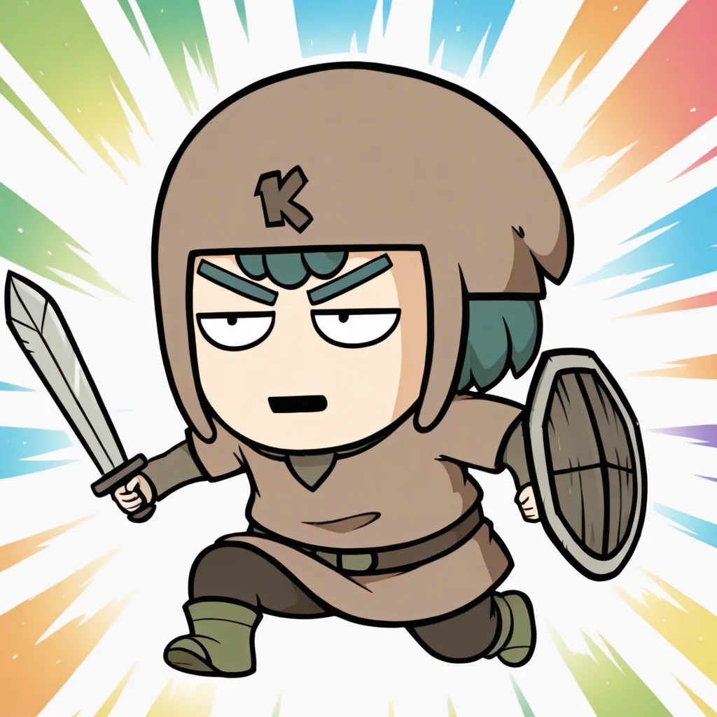 masterpiece, colorful, detailed background, <lora:kofi-v1B-09:1> k-kofi, 1boy, brown headwear, brown tunic, short_over_long_sleeves, dark-brown belt, dark-brown pants, dark-green boots, (chibi:0.5), holding sword,arm shield, incoming attack,