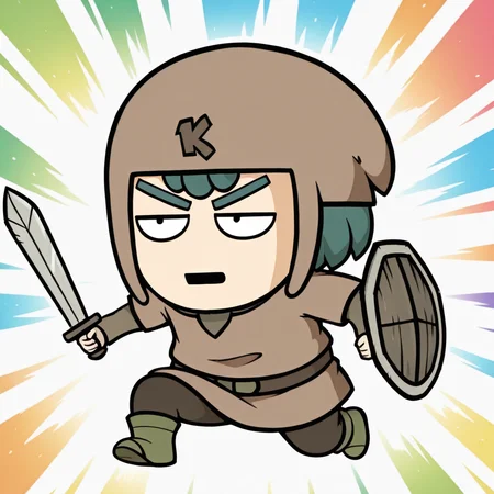 masterpiece, colorful, detailed background, <lora:kofi-v1B-09:1> k-kofi, 1boy, brown headwear, brown tunic, short_over_long_sleeves, dark-brown belt, dark-brown pants, dark-green boots, (chibi:0.5), holding sword,arm shield, incoming attack,