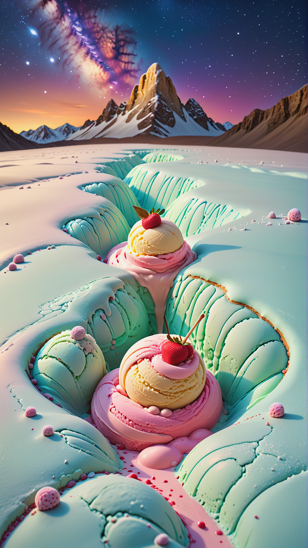 <lora:Gelato_Style_XL:1>GelatoStyle tracing the footprints of an alien animal at the bottom of a milky way gully, made from gelato ice cream, (Masterpiece:1.3) (best quality:1.2) (high quality:1.1)