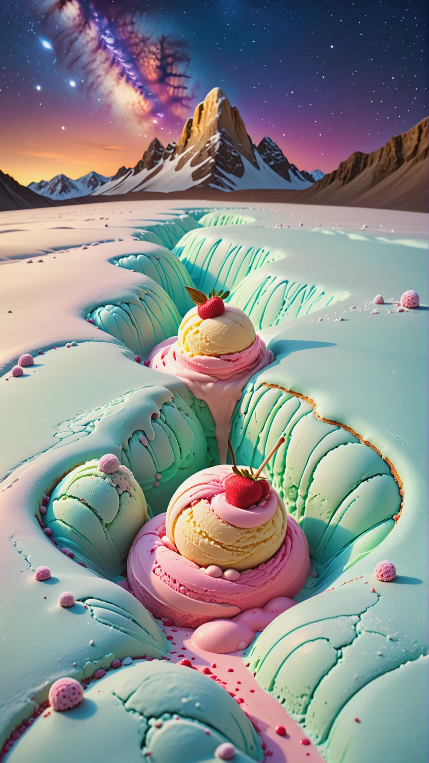 <lora:Gelato_Style_XL:1>GelatoStyle tracing the footprints of an alien animal at the bottom of a milky way gully, made from gelato ice cream, (Masterpiece:1.3) (best quality:1.2) (high quality:1.1)