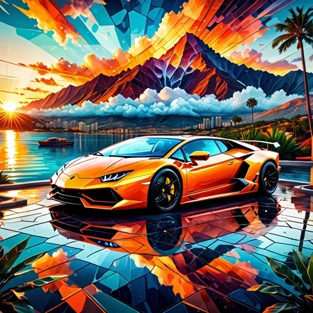 a colored painting of aof a Lamborghini, amazing depth, double exposure, building, cloud, cloudy sky, dusk, evening, fire, gradient sky, lens flare, motor vehicle, mountain, no humans, ocean, orange sky, palm tree, plant, scenery, sky, sun, sunlight, sunrise, sunset, tree, twilight, water, surreal, pattern, geometric patterns, intricately detailed, perfectly balanced, deep fine edges, artistic photorealism,photorealism, vivid colors,, 8K, UHD, many details, extreme detailed, full of details, BadDream,Jed-Splash, <lora:ColourfullSplashStyle:0.5>