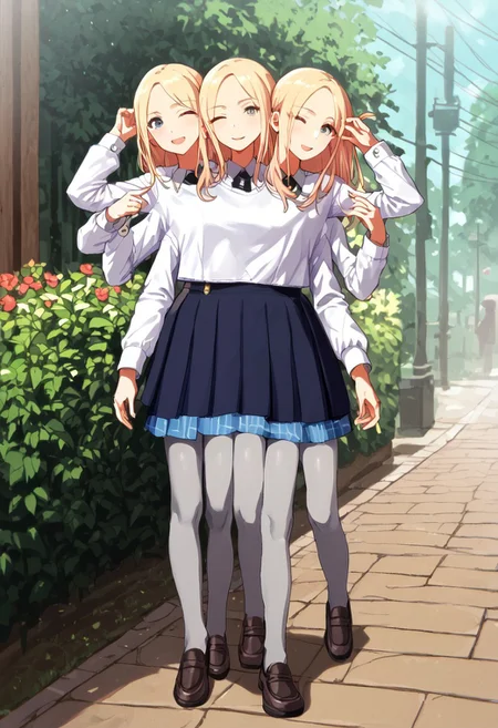 ((1girl)), ((8arms, three heads, six legs, trileg)),  score_9, score_8_up, score_7_up, score_6_up, score_5_up, score_4_up, shiny skin, leg focus, juosena, (( grey pantyhose)), loafers, fully clothed, casual, walking , slender legs,  ((one eye closed)), looking at viewer, outdoors, garden, [shadows], light rays, Expressiveh