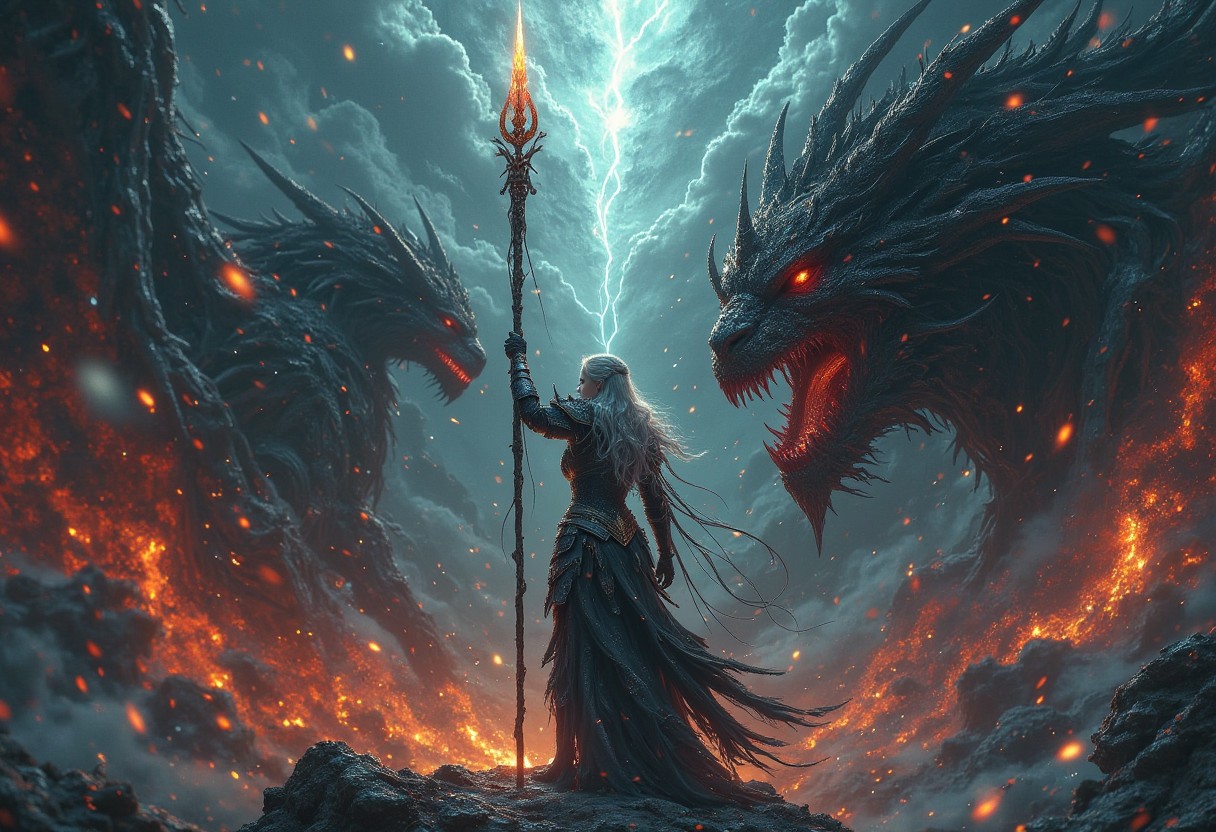 The focus is on a female silver haired mage holding her staff high above her with both hands in a final stand. The mage is wearing sleek armor that is damaged and breaking apart. She stand on the edge of a cliff overlooking a dark abyss and she is facing a balrog. The balrog is an enormous creature cloaked in black and crimson flames of death. The mage  The tip of the staff glows with purity.,
The backdrop behind the mage and balrog is a swirling abyss of darkness, separated by streaks of pure white. The backdrop is centered behind the subject. The colors are separated by metallic fractures, creating a glowing mosaic effect. The colors of the backdrop are most intense near the center. The mage is a stark and vibrant contrast of hope against the encroaching darkness and despair.