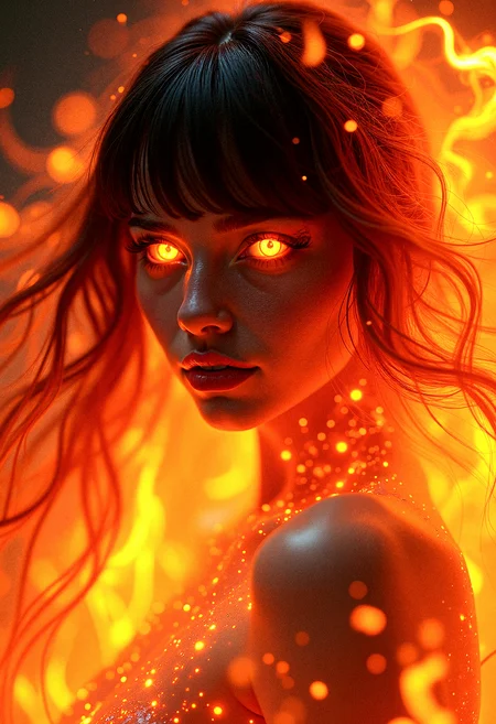an inferno seraph with ethereal hair flowing like liquid fire, engulfed in vibrant and multicolored flames, glowing eyes filled with intensity, ultra-high-definition rendering, photorealistic textures, dynamic and dramatic lighting, intricate details in the flames and hair, surreal and otherworldly atmosphere, radiant and vivid colors, smooth gradients, delicate and powerful facial expressions, cinematic composition, glowing and fiery aura, vivid and ethereal energy, soft transitions between light and shadow, high-contrast background, celestial fire essence, fire spirit, emblem of fire, pyrokinesis, (wider camera shot:2),
extremely long bangs, hair hair over one eye,
