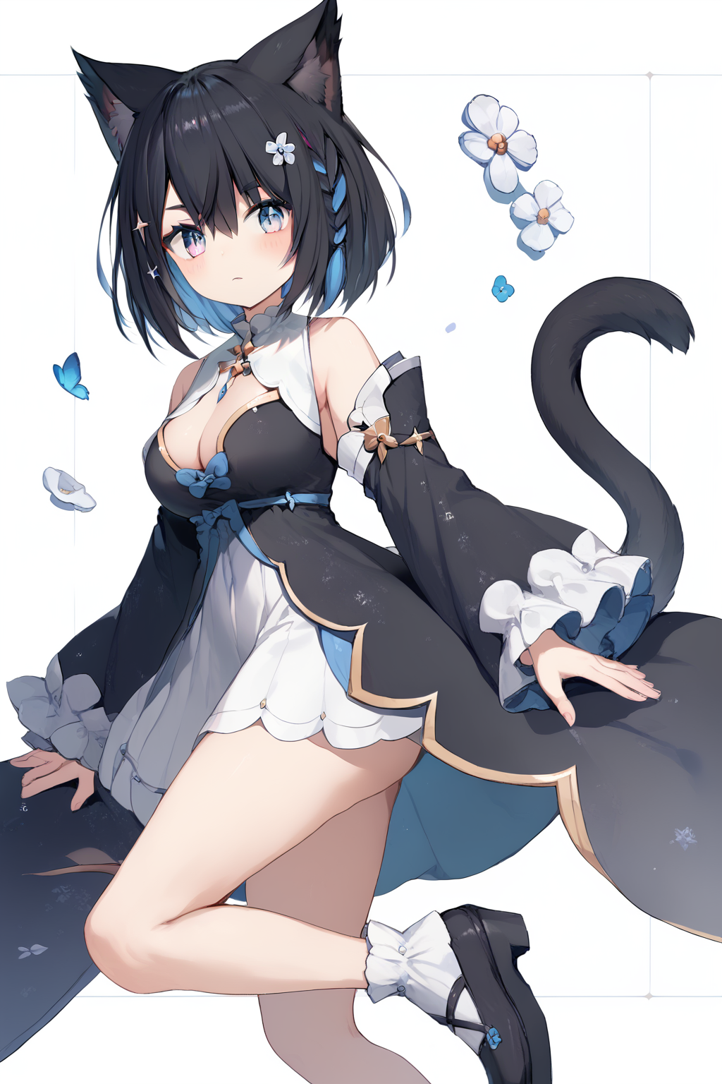 (score_9,score_8_up,score_7_up,),<lora:Hoshina Suzu-000018>,Hoshina Suzu,colored inner hair,short hair,multicolored hair,blue hair,black hair,cat ears,side braid,multicolored eyes,blue eyes,pink eyes,black dress,tail,black footwear,