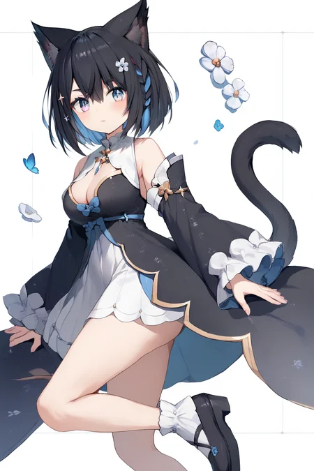 (score_9,score_8_up,score_7_up,),<lora:Hoshina Suzu-000018>,Hoshina Suzu,colored inner hair,short hair,multicolored hair,blue hair,black hair,cat ears,side braid,multicolored eyes,blue eyes,pink eyes,black dress,tail,black footwear,