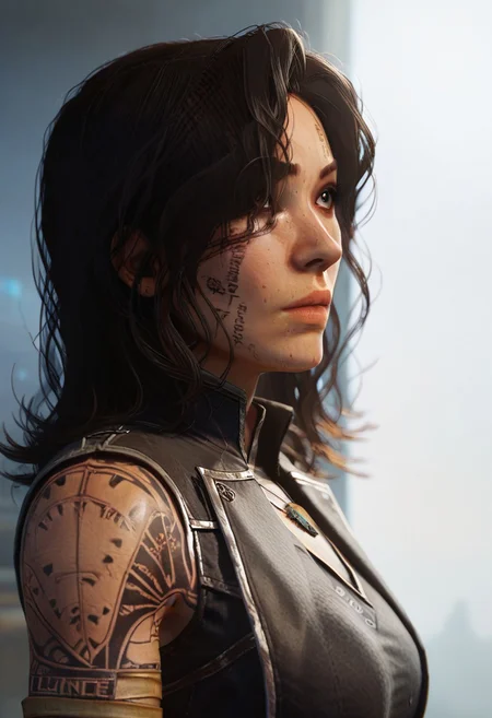 score_9, score_8_up, score_7_up,((masterpiece)), sharp focus, 1girl,solo, (lune, black hair, brown eyes, gold arm tattoo, gold leg tattoo, black facial tattoo, (tattoo writing over left eye:1.1):1.2), (armor, clair obscur expedition 33, pants, single arm glove:1.2), close up, perfect face, hd quality, high quality, detailing face, detailing body, deatiled apartament, abounded house, side view, standing, sunlights on hair