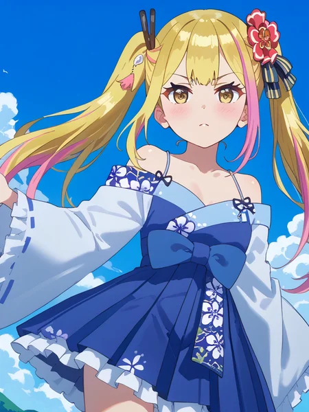 score_9, score_8_up, score_7_up, score_6_up, score_5_up, score_4_up, source_anime,,cinematic shadow, character focus, detailed skins,(cowboy shot:1.4),body blush,<lora:StS_PonyXL_Detail_Slider_v1.4_iteration_3:4>, <lora:Sara_Da_Odin__Henjin_no_Salad_Bowl_:1>,saraodin, multicolored hair, blonde hair, long hair, streaked hair, pink hair, twintails, hair ornament,hair flower,hair ribbon, bangs, yellow eyes,child,flat chest,saradress, off-shoulder dress, collarbone,floral print, wide sleeves,ribbon, frilled dress,frills,blue pleated skirt,bow, japanese clothes,bow,dynamic pose,