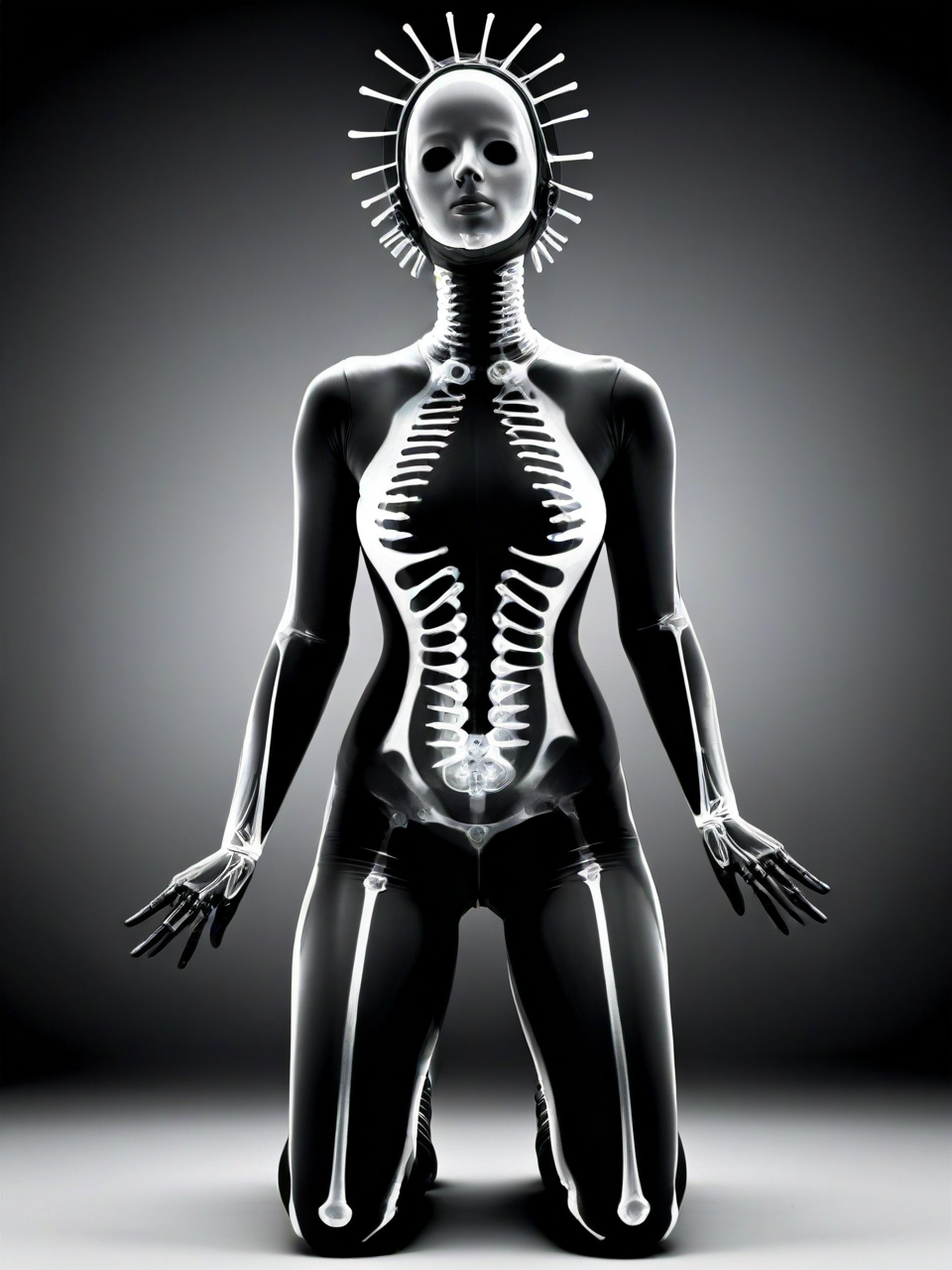 woman arms behind head, body leaning forward slightly, legs crossed, thoughtful and relaxed body language, wearing rubber gimp suit, Abnormal, abstract,x-ray art, <lora:DeconDada++:1>