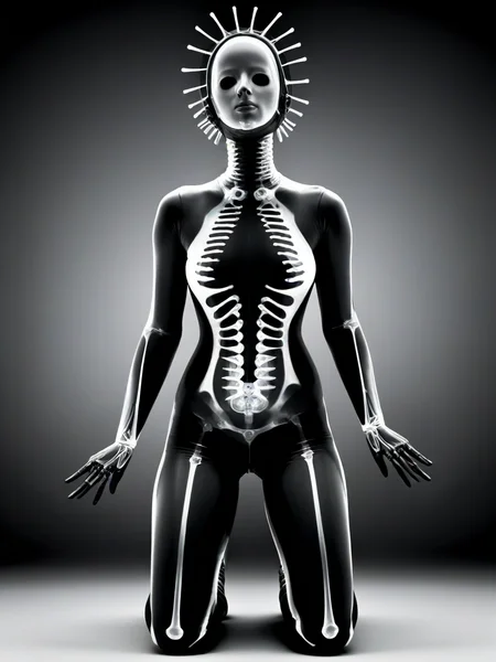 woman arms behind head, body leaning forward slightly, legs crossed, thoughtful and relaxed body language, wearing rubber gimp suit, Abnormal, abstract,x-ray art, <lora:DeconDada++:1>