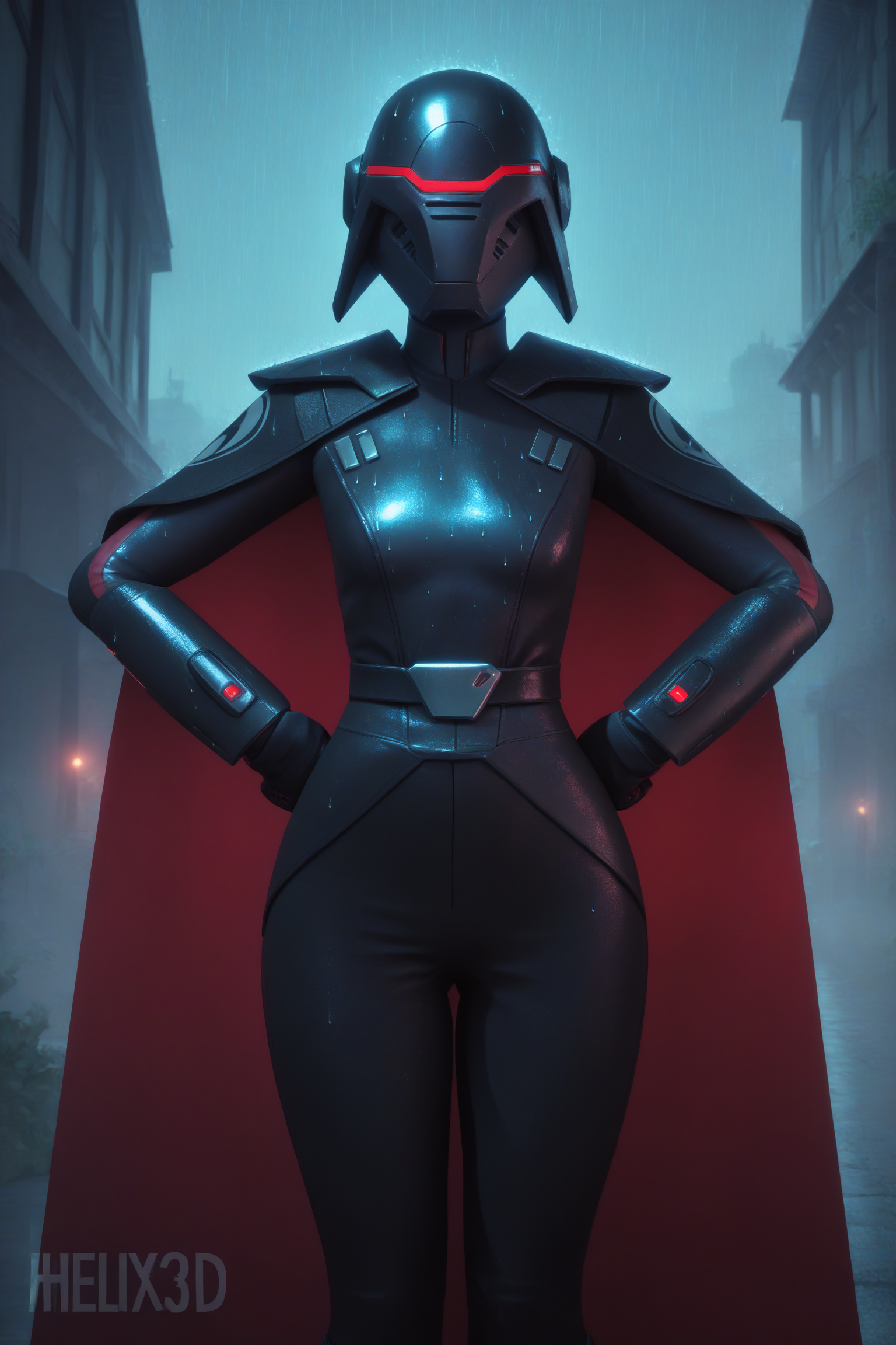 score_9, score_8_up, score_7_up, 3d,
BREAK
<lora:Lunas-FortniteStyle-SDXL-A2:1>, <lora:Trilla:0.75>, Trilla, helmet with red visor, cape, armor,black gloves,tight bodysuit,black cape,black pants,
solo, standing, front view, medium breasts, hands on hips, wide hips,
junkyard background, rain, night, night sky