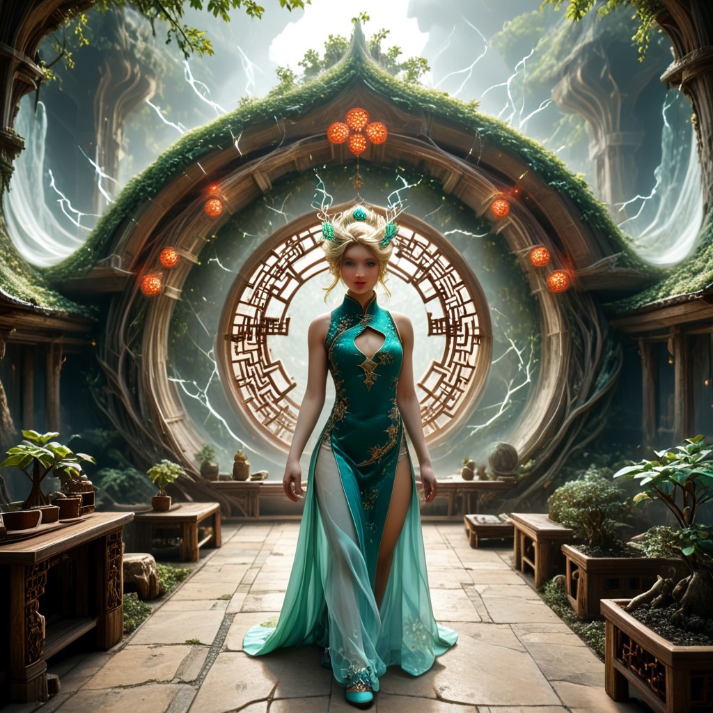 8k,hi res,(surreal,score_9, score_8_up, score_7_up, score_6_up),realistic analog photo, award winning photo,magnificent, celestial, ethereal, painterly, epic, majestic, magical, fantasy art ,((glowing runes:1.5),((The Elven style:1.7)),((Chinese style:1.7)),(elegant, beautiful, delicate and monumental style:1.7),(The great forest grew up in bonsai style:1.7),((a tall building:1.5)),((a tall elven tower with balconies and open work windows, arches,openwork golden lattice :1.4)),(against the background of fabulous nature:1.5),((fabulous nature:1.5)),((Elven tower, stands against the backdrop of mountains:1.5)),((Lightning is dancing around the a tall tower:1.5)),(((a tall green transparent jade  fairy-tale elven with a golden ornament tower:1.5))),((where magical runes seem to be perfectly intertwined with the  the tower:1.5))), where the natural elements are rampant (((the power of the storm, the power of lightning, the power of fire))), where natural elements run amok (((the power of the storm:1.3))),(((the power of lightning:1.3))),(((the power of fire:1.3))) ((beautiful ancient fairy garden of emerald jade runestones:1.5)),(realistic detailed background),<lora:Tangbohu Detail Tweaker:-0.1>,<lora:Elven-Architecture_ponyXL_LOREVER:1>,<lora:Tempest_Magic_-_XL_Grimoire:1>, tempestmagic,<<lora:Awfully_Stylish_v15.2:1>,<lora:extremely_detailed:1.2>,<lora:glowneon_xl_v1:0.75> <lora:ThunderMagic:0.6>  tempestmagic