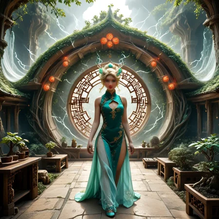 8k,hi res,(surreal,score_9, score_8_up, score_7_up, score_6_up),realistic analog photo, award winning photo,magnificent, celestial, ethereal, painterly, epic, majestic, magical, fantasy art ,((glowing runes:1.5),((The Elven style:1.7)),((Chinese style:1.7)),(elegant, beautiful, delicate and monumental style:1.7),(The great forest grew up in bonsai style:1.7),((a tall building:1.5)),((a tall elven tower with balconies and open work windows, arches,openwork golden lattice :1.4)),(against the background of fabulous nature:1.5),((fabulous nature:1.5)),((Elven tower, stands against the backdrop of mountains:1.5)),((Lightning is dancing around the a tall tower:1.5)),(((a tall green transparent jade  fairy-tale elven with a golden ornament tower:1.5))),((where magical runes seem to be perfectly intertwined with the  the tower:1.5))), where the natural elements are rampant (((the power of the storm, the power of lightning, the power of fire))), where natural elements run amok (((the power of the storm:1.3))),(((the power of lightning:1.3))),(((the power of fire:1.3))) ((beautiful ancient fairy garden of emerald jade runestones:1.5)),(realistic detailed background),<lora:Tangbohu Detail Tweaker:-0.1>,<lora:Elven-Architecture_ponyXL_LOREVER:1>,<lora:Tempest_Magic_-_XL_Grimoire:1>, tempestmagic,<<lora:Awfully_Stylish_v15.2:1>,<lora:extremely_detailed:1.2>,<lora:glowneon_xl_v1:0.75> <lora:ThunderMagic:0.6>  tempestmagic