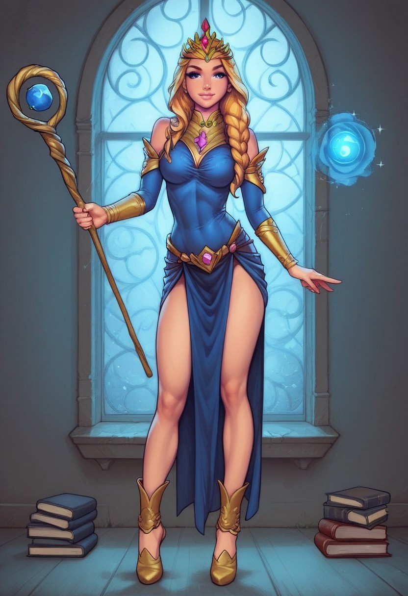 1girl, (((half turn view))), from front, solo, illustration, comic style, highly detailed, skinny, model body, looking at viewer, masterpiece, best quality, 1girl, masterpiece, best quality, fayenchantress, 1girl, solo, blonde hair, long hair, blue eyes, (young beauty, fit body:1.3), ((((magic shining orb in staff right hand, opened magic book in left hand)))), ((((magic clothes, tiara))))
<lora:FayEnchantress:0.9>
BREAK 
(((dark magic Observatory inside, night sky in window:1.6)))) score_9, score_8_up, score_7_up, score_6_up, source_cartoon, rating_explicit, Expressiveh, ((((full body))))), dynamic pose