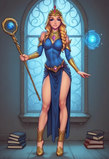 1girl, (((half turn view))), from front, solo, illustration, comic style, highly detailed, skinny, model body, looking at viewer, masterpiece, best quality, 1girl, masterpiece, best quality, fayenchantress, 1girl, solo, blonde hair, long hair, blue eyes, (young beauty, fit body:1.3), ((((magic shining orb in staff right hand, opened magic book in left hand)))), ((((magic clothes, tiara))))
<lora:FayEnchantress:0.9>
BREAK
(((dark magic Observatory inside, night sky in window:1.6)))) score_9, score_8_up, score_7_up, score_6_up, source_cartoon, rating_explicit, Expressiveh, ((((full body))))), dynamic pose