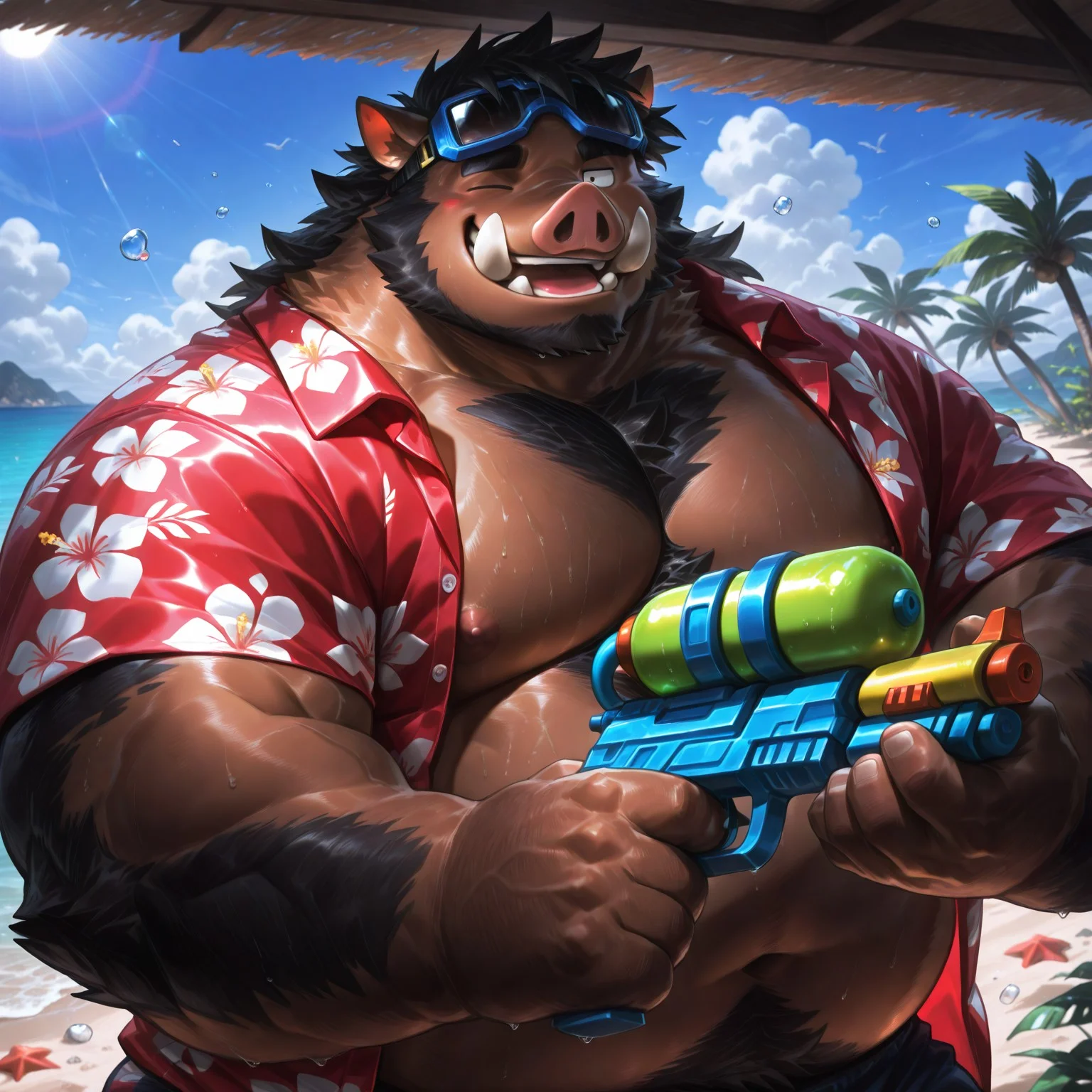 1boy, furry, yangyang, wild boar, overweight, bara, [lindong], Hawaiian shirt, open clothes, holding water gun, looking to the side, one eye closed, happy, laughing, playing, water drop, goggles on head, beach, outside, noon, summer, sunlight, shade, tropical plants, leaves shadow, masterpiece, best quality, very aesthetic, 