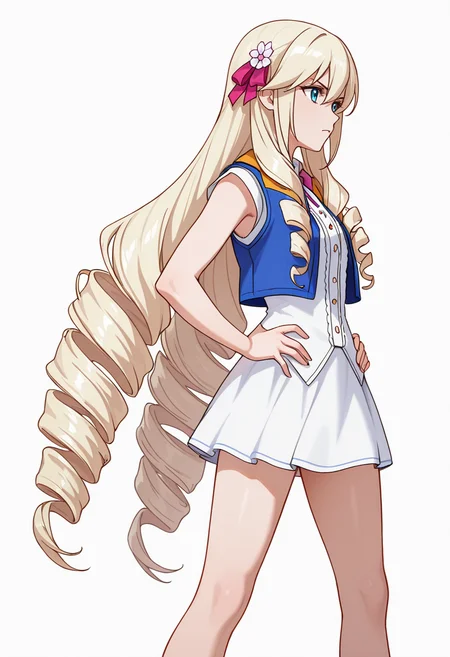 Smooth Quality,masterpiece,very intricate, high quality details, ultra realistic, high detailed skin,detailed enviorement,absurdres,
 <lora:Ariane_Algren_CNR:0.8> ariane_cnr, very long hair, drill hair,blonde hair, blue eyes, hair between eyes, sidelocks,hair bow,hair ribbon,hair flower,zip-up vest,  ,vest, ,short skirt,,, simple background, white background, from side,
standing, hands on hips, feet apart, determined, looking forward,  ,, x3,