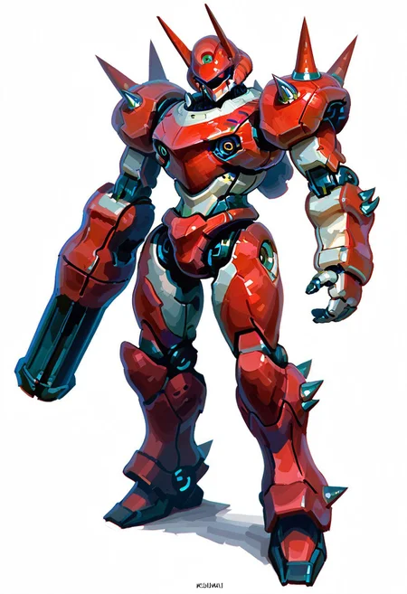 (masterpiece, best quality, high resolution, absurdres, newest,very aesthetic, amazing quality,impressionism style,photorealistic painting art),
robot, mecha, no_humans, solo, glowing, red_eyes, science_fiction, glowing_eyes, white_background, weapon, artist_name, spikes, arm_cannon