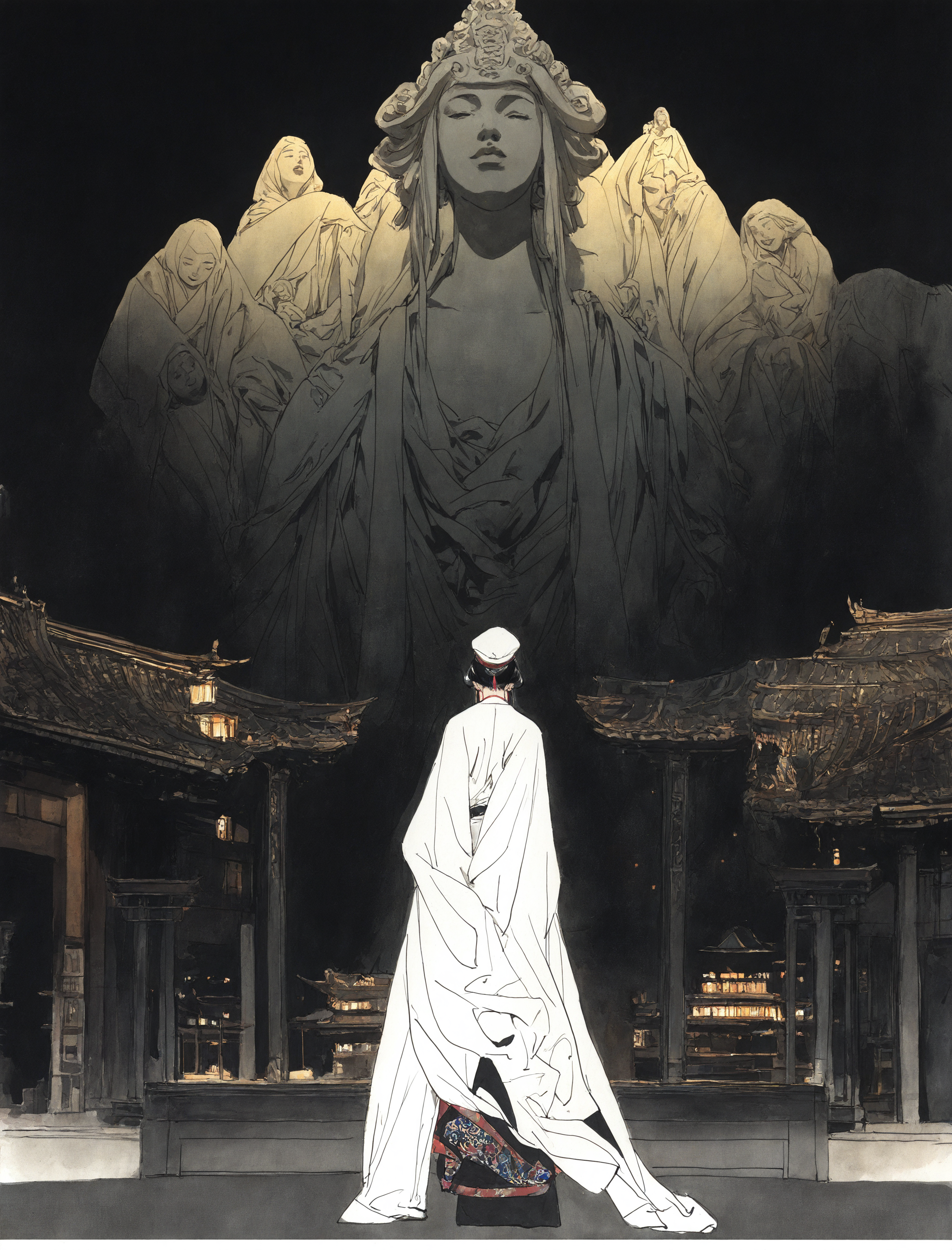 dark theme, wide shot, east asian architecture, spectacle
A woman wearing Hanfu stands in front of a huge Buddha statue, long shot, facing away, back, 
traditional media,
<lora:freehandink_NOOB1.0_V-PRED:1>
masterpiece, best quality, newest, absurdres, highres