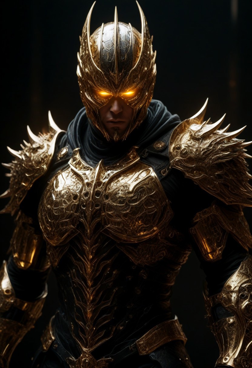 "A fierce and powerful masked warrior in a high-tech armor, wearing a hood and golden, sharp-edged metallic accents. The warrior's mask is menacing, made of dark and gold materials, featuring intricate details on the faceplate. His muscular arms are covered in black leather straps, with golden spikes and blades integrated into the armor, giving an aggressive and intimidating appearance. His eyes are glowing with intensity, staring directly forward. The armor has a dark yellow and black color scheme, with red accents and detailed metallic components that provide a futuristic, battle-hardened look. The overall design blends traditional martial elements with modern, sci-fi aesthetics. Surrounding him are chains and fiery elements, adding a sense of motion and danger. The setting is dark, with a soft glow illuminating the warrior, highlighting the reflections off the gold and metallic surfaces of the armor, creating a dramatic and ominous atmosphere."