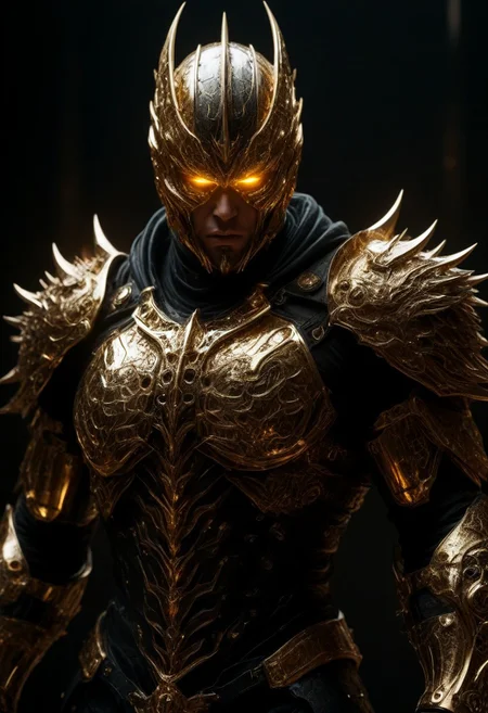 "A fierce and powerful masked warrior in a high-tech armor, wearing a hood and golden, sharp-edged metallic accents. The warrior's mask is menacing, made of dark and gold materials, featuring intricate details on the faceplate. His muscular arms are covered in black leather straps, with golden spikes and blades integrated into the armor, giving an aggressive and intimidating appearance. His eyes are glowing with intensity, staring directly forward. The armor has a dark yellow and black color scheme, with red accents and detailed metallic components that provide a futuristic, battle-hardened look. The overall design blends traditional martial elements with modern, sci-fi aesthetics. Surrounding him are chains and fiery elements, adding a sense of motion and danger. The setting is dark, with a soft glow illuminating the warrior, highlighting the reflections off the gold and metallic surfaces of the armor, creating a dramatic and ominous atmosphere."