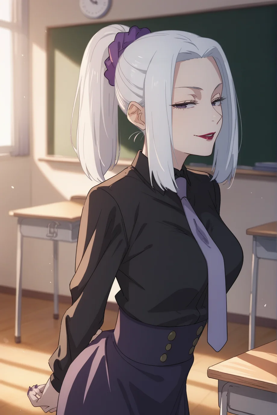 score_9, score_8_up, score_7_up, score_6_up, score_5_up, score_4_up, BREAK source_anime, 1girl, solo,
<lora:MeimeiXL-v1-06:0.8>, ChopioMeiMei, white hair, looking at viewer,
medium breasts, purple nails,
medium hair, high ponytail, sidelocks, hair scrunchie, parted bangs, purple eyes, half-closed eyes, red lipstick,
outfit_2, black shirt, shirt tucked in, necktie, purple skirt, high-waist skirt,
school, classroom, standing, seductive smile, leaning forward, [from side | from front], arms behind back, parted lips,