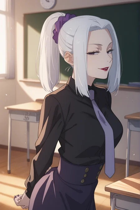 score_9, score_8_up, score_7_up, score_6_up, score_5_up, score_4_up, BREAK source_anime, 1girl, solo,
<lora:MeimeiXL-v1-06:0.8>, ChopioMeiMei, white hair, looking at viewer,
medium breasts, purple nails,
medium hair, high ponytail, sidelocks, hair scrunchie, parted bangs, purple eyes, half-closed eyes, red lipstick,
outfit_2, black shirt, shirt tucked in, necktie, purple skirt, high-waist skirt,
school, classroom, standing, seductive smile, leaning forward, [from side | from front], arms behind back, parted lips,