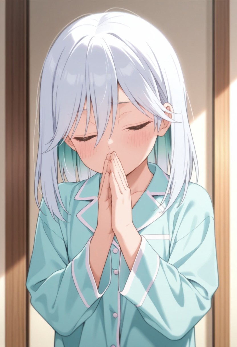 masterpiece,best quality,amazing quality, asahi amagami, blue-white hair, 1girl, closed eyes, solo, pajamas, own hands together, hair between eyes, long hair, praying, blush, colored inner hair, shirt