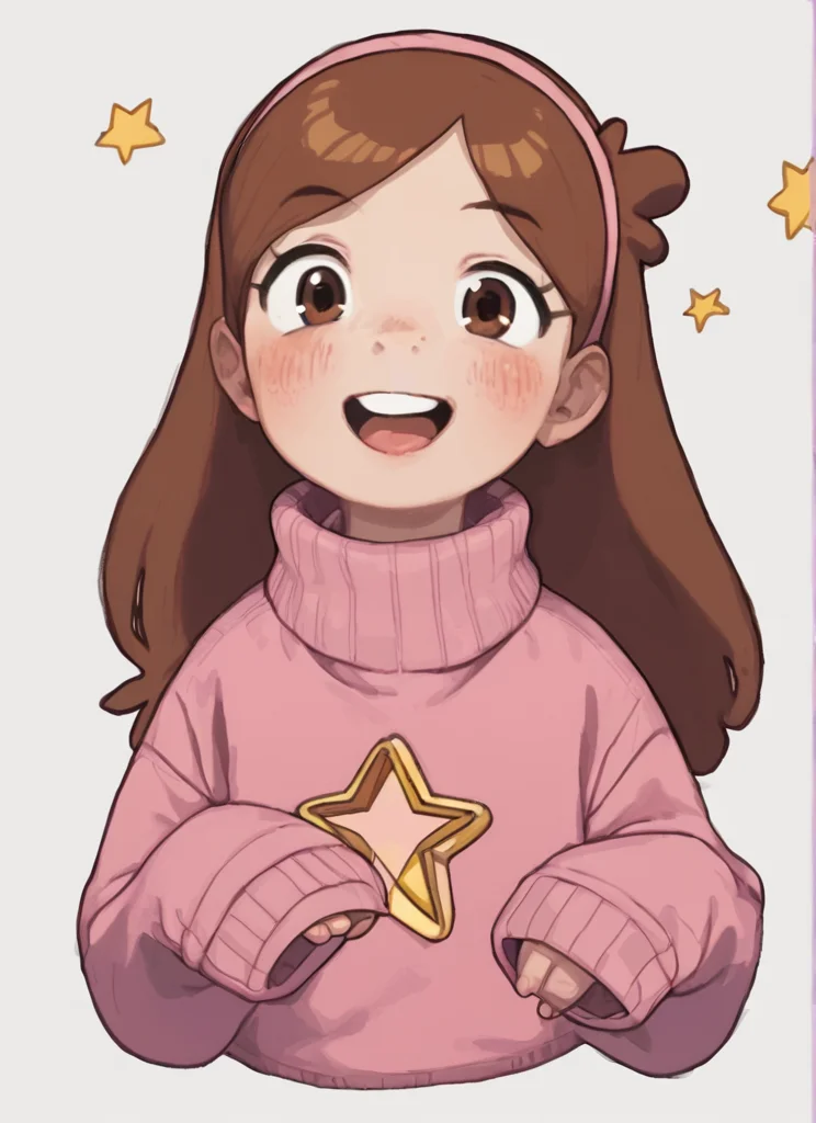 score_9,score_8_up,score_7_up <lora:possummachinexl:0.8>possummachine_style , 1girl, solo, long hair, looking at viewer, blush, smile, open mouth, simple background, brown hair, long sleeves, white background, brown eyes, upper body, hairband, teeth, tongue, star (symbol), sweater, sleeves past wrists, turtleneck, teeth, sleeves past fingers, cropped torso, red sweater, pink sweater , mabel pines