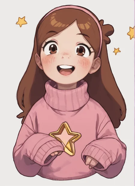 score_9,score_8_up,score_7_up <lora:possummachinexl:0.8>possummachine_style , 1girl, solo, long hair, looking at viewer, blush, smile, open mouth, simple background, brown hair, long sleeves, white background, brown eyes, upper body, hairband, teeth, tongue, star (symbol), sweater, sleeves past wrists, turtleneck, teeth, sleeves past fingers, cropped torso, red sweater, pink sweater , mabel pines