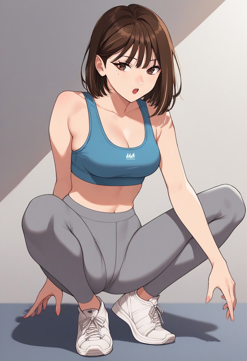 Masterpiece, Highest Quality, Score_9, Score_8_up, Score_7_up, source_anime. anime style. masterpiece, highres, absurdres. Best resolution.
1girl. Minchae Lee. brown hair. brown eyes. short hair. medium hair. bangs. medium breasts. mole under eye.  
outdoor
running
sports bra. midriff. pants. sneakers
leggings. yoga pants.