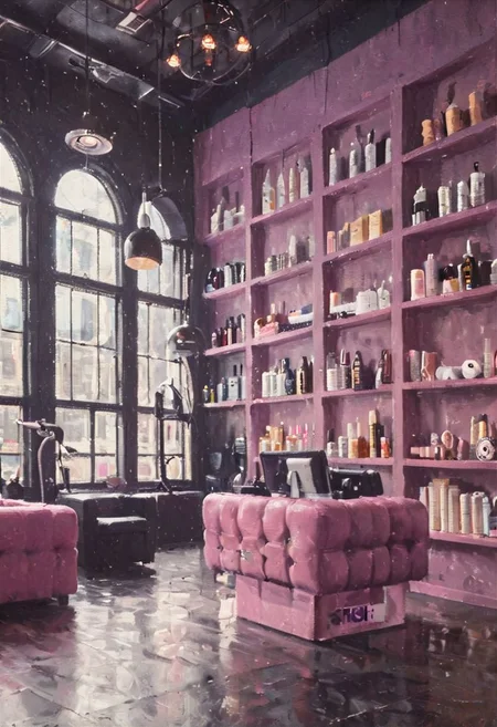 ((a beautiful woman in a Hair Salon, pink and black purple color Palette, urban city  window view)), 
bust shot, close-up lips, 
modern interior design, cyberpunk, 
Recliner|Dressing table|Table lamp|Screen|Monitor|Signboard_Details,
Metal|Glass|Leather|Textiles|Carpet|Pillow_Texture,
perfect blonde hair, 
(modern photo, fashion dress up:1.1), 24mm, (analog, cinematic, film grain, hazy atmosphere, detailed eyes, (seductive), (epicPhoto), (looking at viewer), (cinematic shot:1.3),
ac_neg1, great lighting, extremely detailed, happy, Hair Salon, impressionist painting, zoya