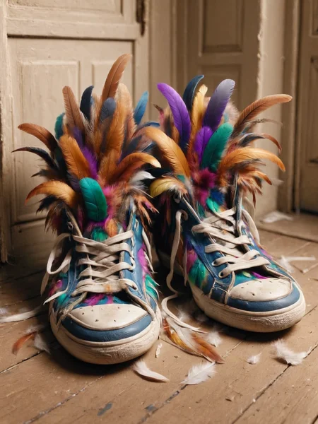 ais-featherz old pair of sneakers, next to the backdoor <lora:Feathers_Glue_SDXL:1>