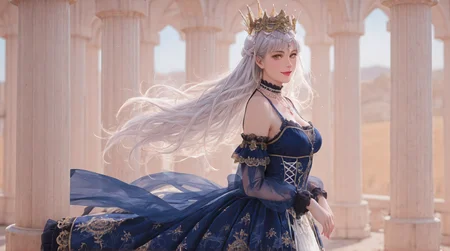 (masterpiece, best quality,realistic,from side,cowboy shot:1.3),absurdres,(looking at viewer, collarbone,),(shiny_eyes,sparkling_eyes,smile,cute:1.3),
1girl,solo,silver hair,yellow eyes,very long hair,cxzg,dress,cyan dress,tiara,detached sleeves,jewelry,necklace,frills,lace,cross-laced clothes,crown,lipstick,
cleavage,medium breasts,bouncing breasts,outdoors,<lora:aidmaImageUpgrader-v0.3-IL:0.6>,<lora:cxzg(IL):0.7>,