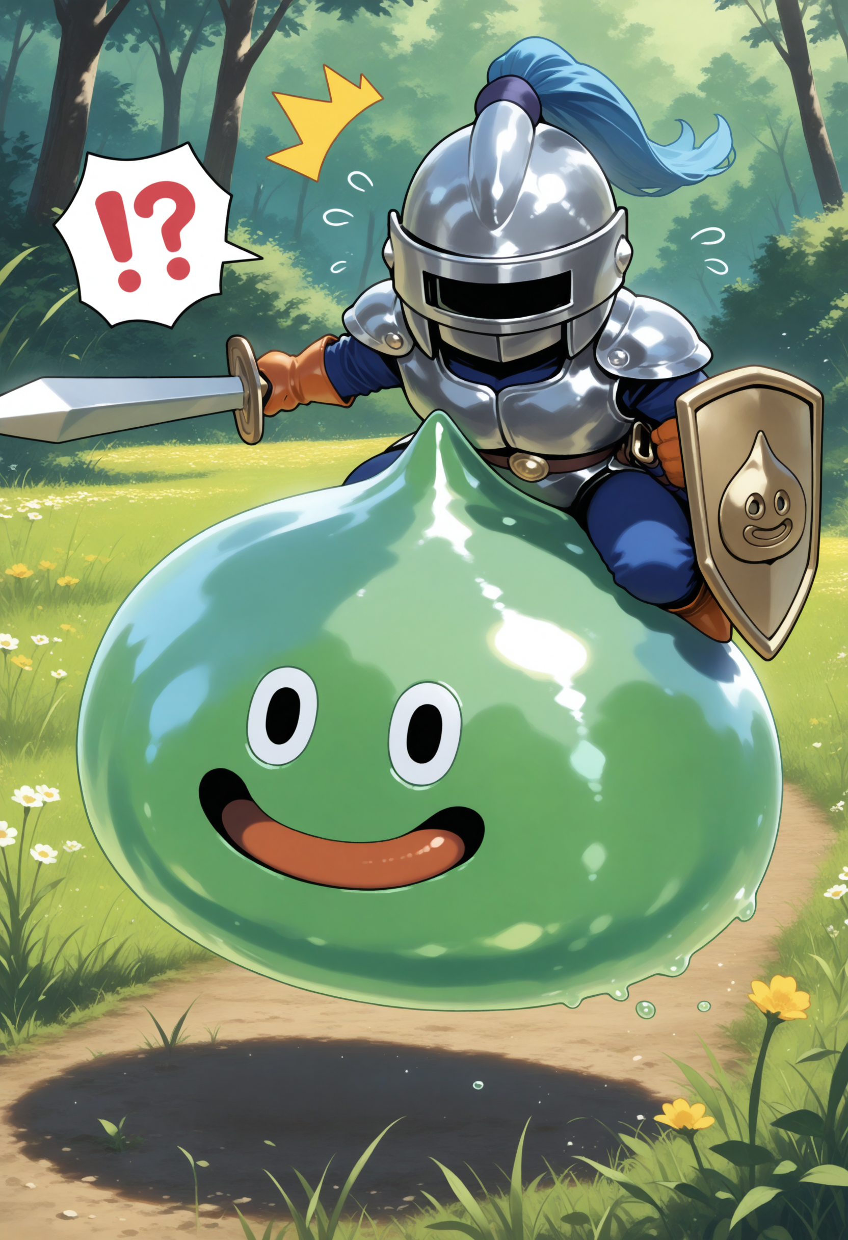masterpiece,best quality,nature,field,slime knight,slime_(dragon_quest),armor,helmet,knight,riding,green skin,holding sword,holding shield,<lora:slime knight-NAIvPred:0.9>,spoken interrobang,^^^,flying sweatdrops,