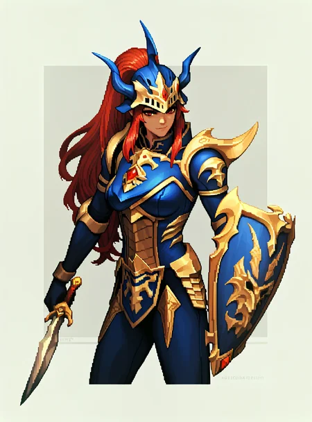 zPDXL3, score_9, score_8_up, score_7_up, score_6_up, score_5_up, score_4_up, highres, incredibly absurdres, depth of field, highly detailed, high contrast, film grain, Rim Lighting, bls, long hair, red hair, red eyes, helmet, horned helmet, armor, shoulder armor, holding sword, hold shield, spikes, Pixel_Art <lora:Black_Luster_Soldier:0.6> <lora:Pixel_Art_Pony:1>
