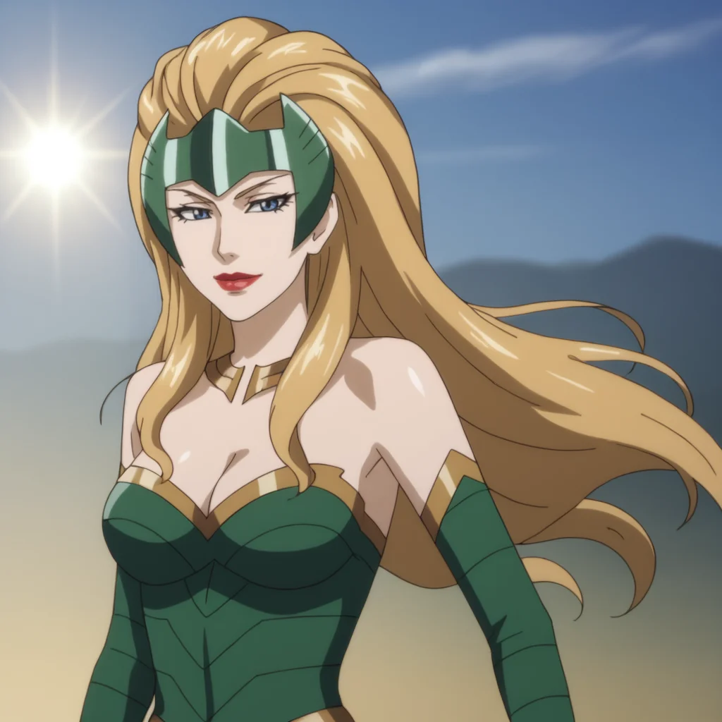<lora:enchantressanime_pony_v1:.7> enchantressanime, 1girl, long hair, medium breasts, cleavage, strapless dress, lipstick, bare shoulders, detached sleeves, jewelry, cowboy shot