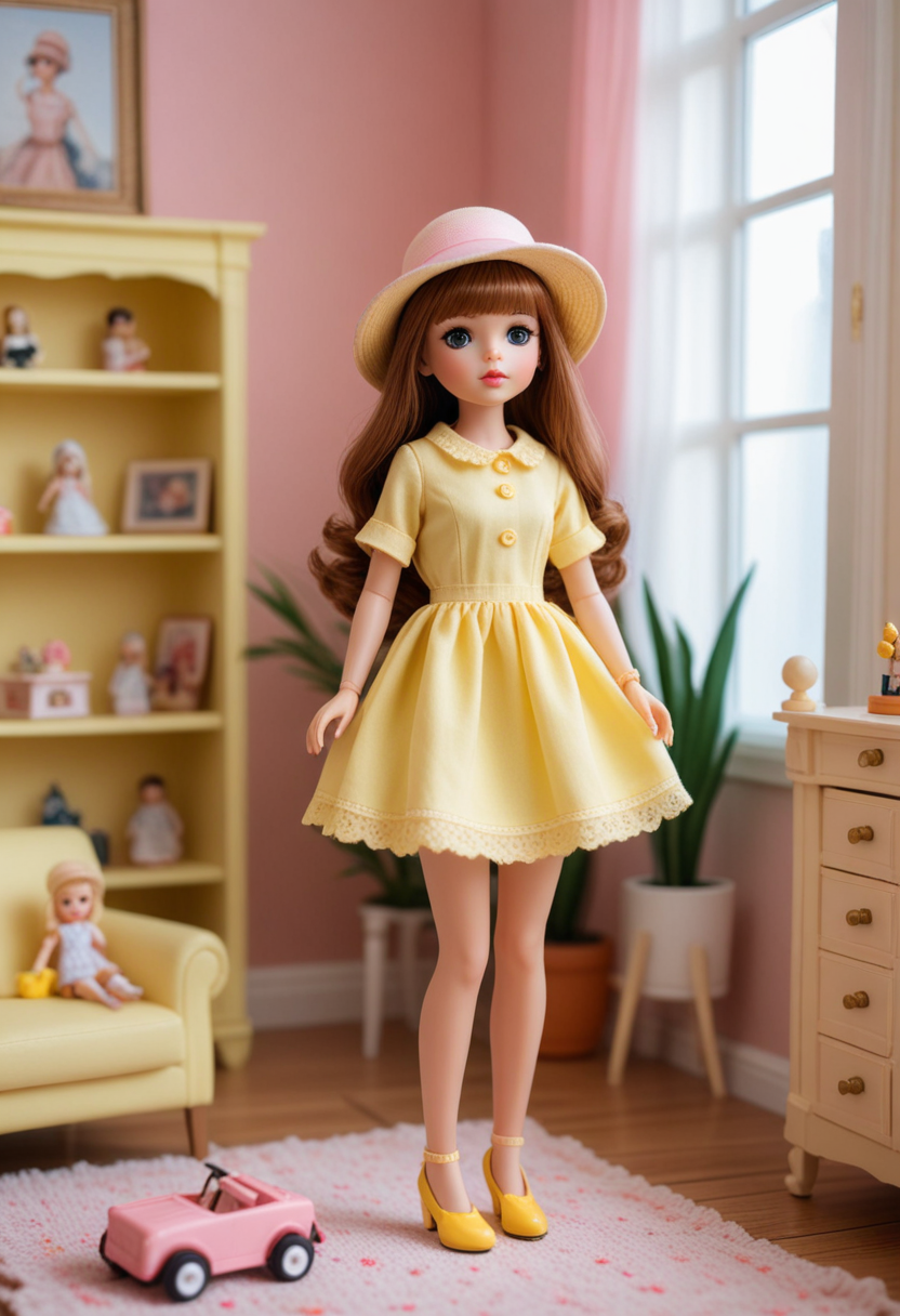 (medium full shot) of (lovely doll)  dressed in a pastel yellow mini dress, mary janes, rosy cheeks, stylish hat, playing with toys, located in  a stylish dollhouse, featuring modern rooms, chic furniture, trendy decorations, fashionable dolls, Masterpiece,best quality, photo, realistic, very aesthetic,