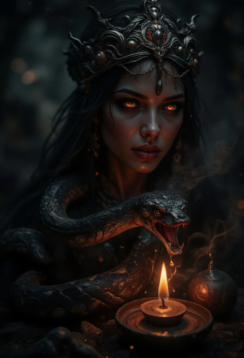 horror show, monster, nightmare, fear, Cinematic style
play of shadow and light, Beauty,
Close-up, We are presented with a dimly lit mystical realm where the eyes of a snake charmer glow amidst eerie shadows and flickering candlelight. On camera is a snake with its mouth open, and in the background is a beautiful woman. Film grain adds sharpness to this award-winning masterpiece.