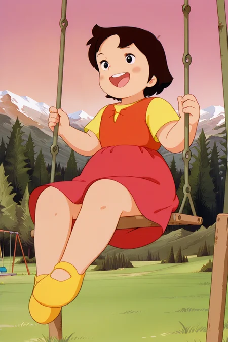 masterpiece, best quality, amazing quality, absurdres, alpsheidi, brown hair, solo, smile, open mouth, swing set, sitting, swinging, on swing, yellow shirt, red dress, outdoors, mountains, pine trees, field, grass, retro artstyle