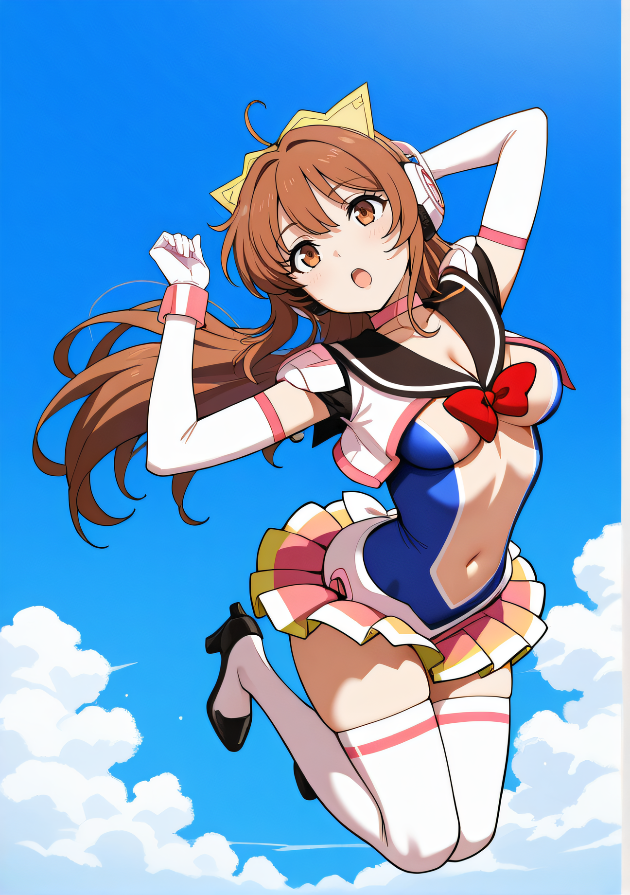masterpiece, best quality, highres, newest, 1girl, solo, official style, <lora:Symphonic_Lily:1>, lily, brown hair, brown eyes, yellow headdress, white headphones, pink choker, cleavage, black sailor collar, red_chest_ribbon, navel, blue body suit, elbow gloves, pleated pink skirt, yellow frills, white thighhighs, black heels, open mouth, jumping, full body, blue sky, clouds, hands up