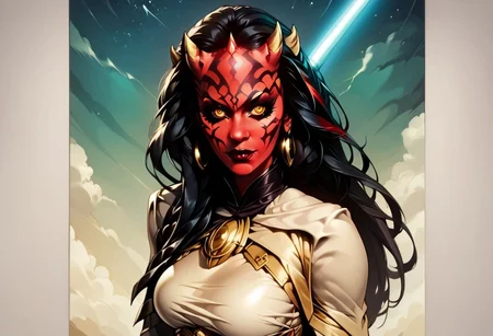 safe_pos, score_9,score_8_up,score_7_up,score_6_up,score_5_up, "Create an action-packed, anime-style poster of a fierce female Zabrak Sith Lord from the Star Wars universe. She has red skin with intricate Sith tattoos, glowing yellow eyes, and long, sharp horns crowning her head. She's in a dynamic pose, leaping through the air with her crimson lightsaber ignited, cutting through sparks and smoke. Her dark, flowing robes and battle armor cling to her toned body, blending seductive allure with lethal power. In the background, a stormy sky filled with lightning highlights an intense battle, with distant starships and explosions framing the chaos. The scene radiates both elegance and brutality, evoking the epic scale of a movie poster, with movie credits and multiple people, movie poster,"